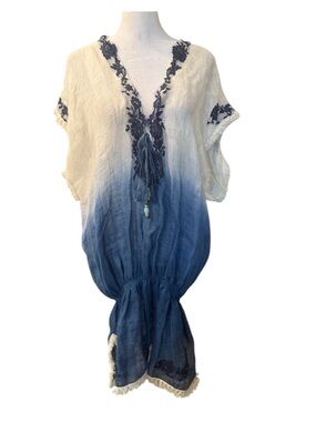 Vanita Rosa ST Barth Linen Ombre Blue Beach Cover Up Tassel Boho Dress France OS